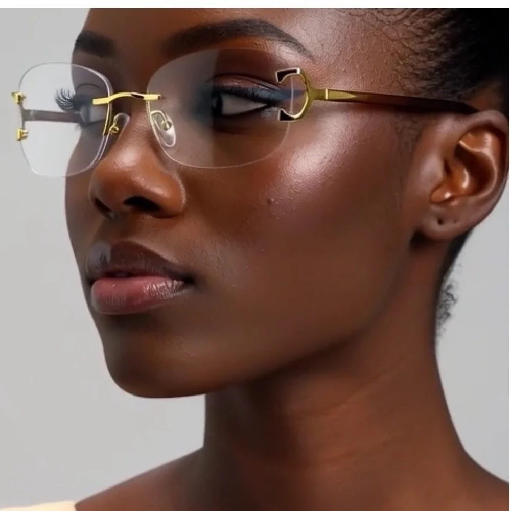 Women Modern Sophisticated SUNGLASSES Rimless Gold Frame Clear Lens Female Ladys